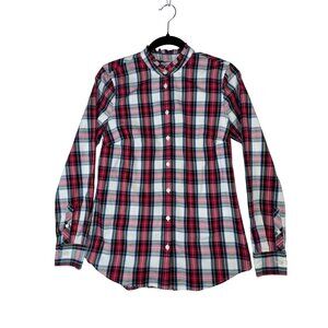 J.Crew XS Womens Plaid Button-Down Shirt With Ruffled Collar‎ Red White Preppy